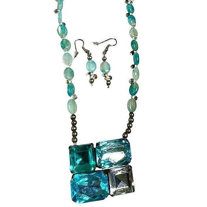 Vintage Artisan Jewelry Set Women Teal Excellent Beaded Necklace Earrings